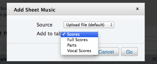 Screenshot of the work page &quot;add sheet music&quot; pop-up window